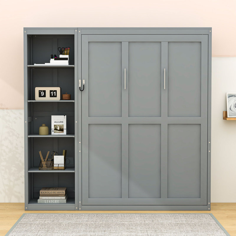 Lit escamotable en bois avec tablettes et tête de lit Goudelock, Grand, gris