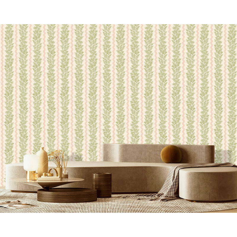 Papier peint texturé non tissé à rayures florales 57 pi. Pi., Vert/rose