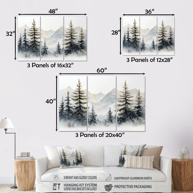 Green Pine Tree Misty Mountain - ensemble de reproductions d'art mural pin, Métal métal, H 40 po x l 60 po x P 1 po