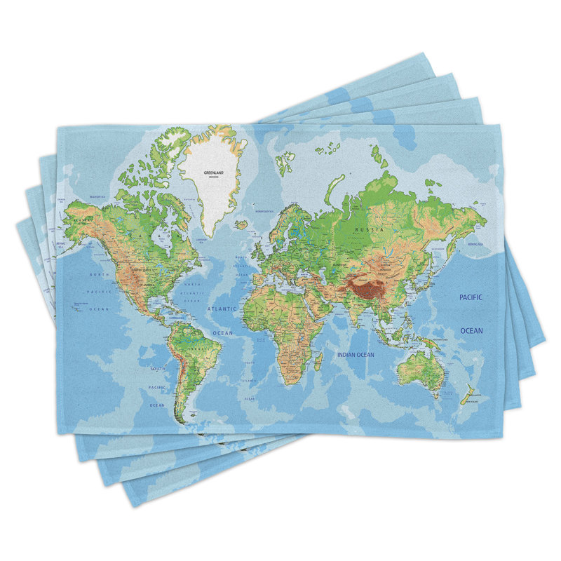 East Urban Home World Map Place Mats Set of 8 Topographic 8 pcs Multicolor