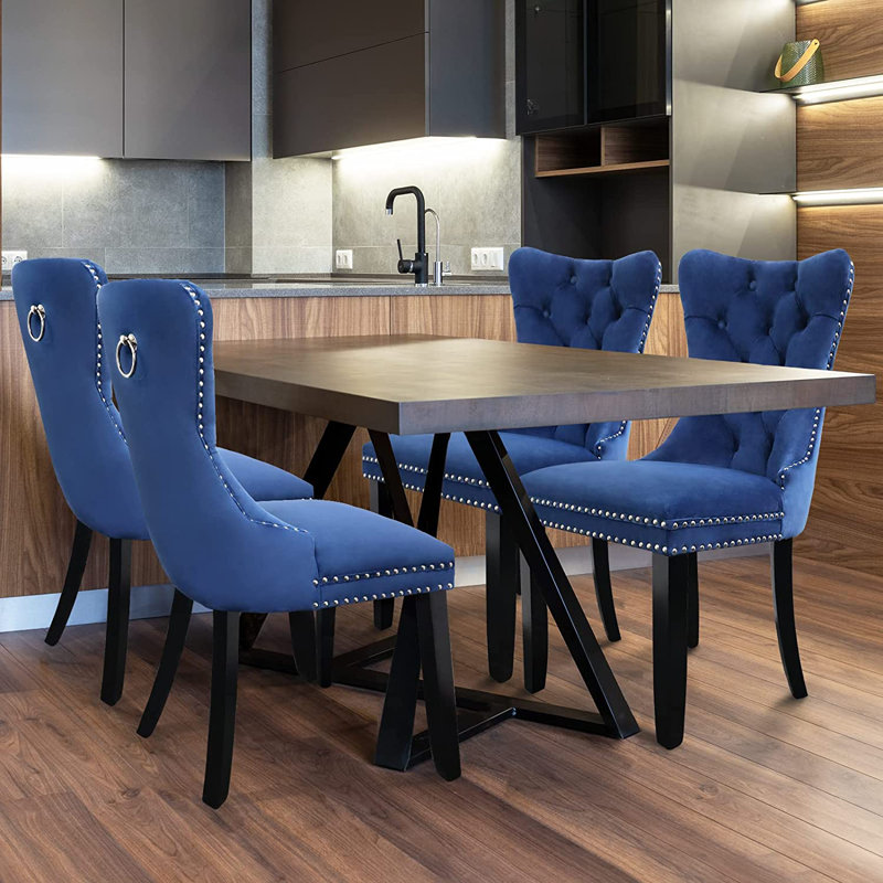 Chaises de salle à manger, chaise de salle à manger rembourrée haut de gamme avec anneau clouté, Noir, 6, Blue