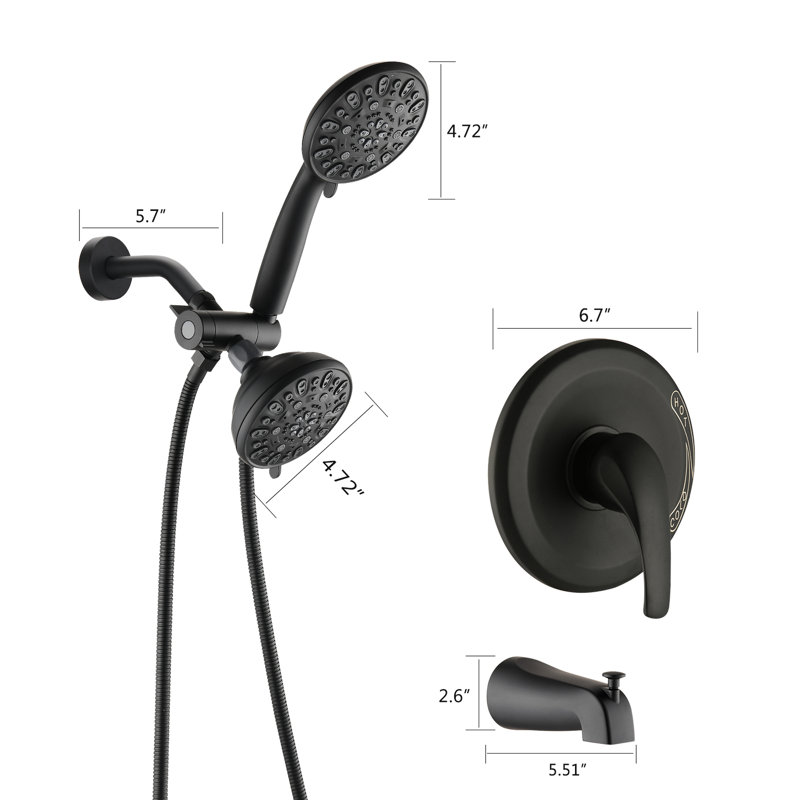 Système de douche noir mat avec double haut. 7 modes de pulvérisation pour se faire dorloter. Tout en métal. Débit de 1,8 gallons par minute. Boyau 59 po. Raccord 1/2 po. Bec de baignoire mural - noir. Robinet de robinet 2 en 1. Douche confortable.