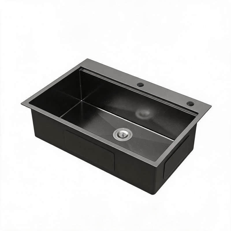 Évier de cuisine à encastrer à cuve en acier inoxydable noir de 84 cm x 56 cm avec planche à découper, passoire et grille.