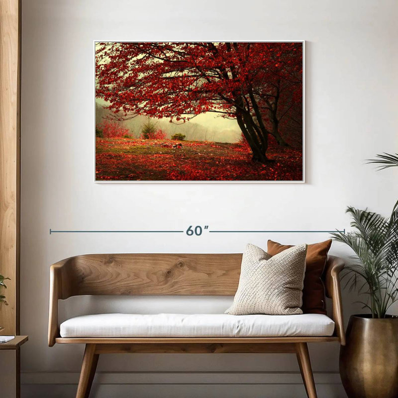 Arbre rouge en automne, 43 po x 29 po, Cadre flottant blanc