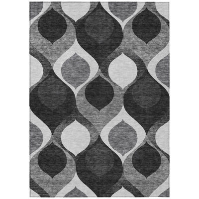 5' X 8' Black Silver Ogee Washable Indoor Outdoor Area Rug