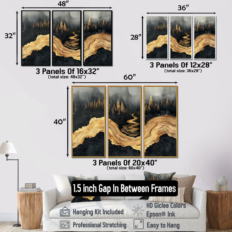Forêt forêt de cristal onyx I - art mural forêt grand - 3 panneaux, H 28 po x l 36 po, Impression encadrée sans passe-partout