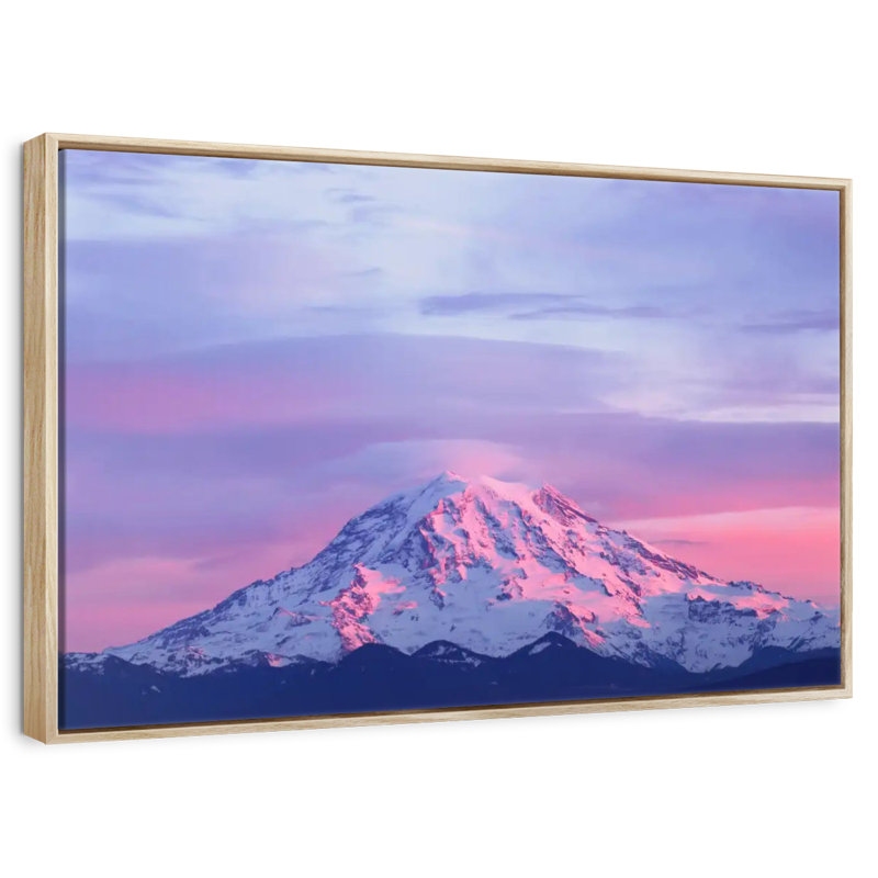 Mont Rainier, coucher de soleil rose, Cadre flottant en bois naturel, 13 po x 9 po