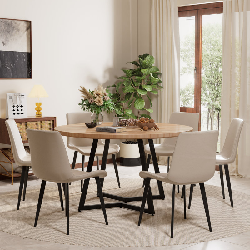 Ensemble de table de salle à manger Mid-Century, Crème, crème, Bois naturel, 7