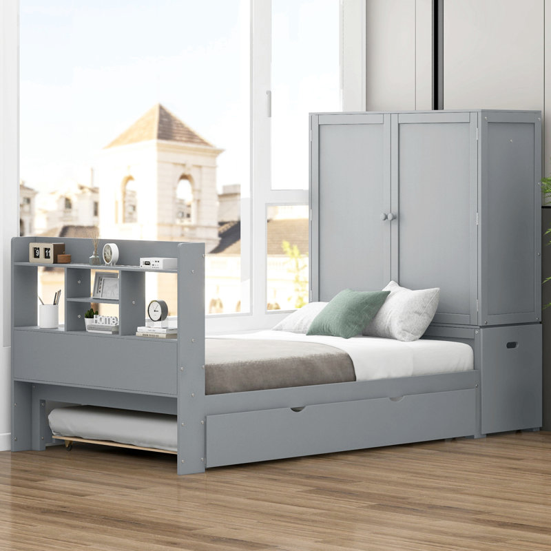 Twin Size Platform Bed With Storage Headboard And Footboard,  Pull Out Shelves And Twin Size Trundle, Grey