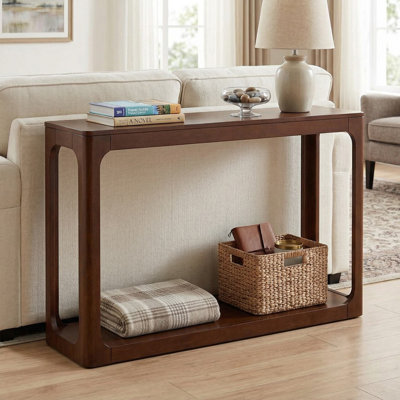 2-Tier Mid-Century Modern Solid Wood Console Table, Sturdy Open Storage Shelf & Water-Resistant Wood Grain Finish, Anti-Tip Design Suitable For Entryway