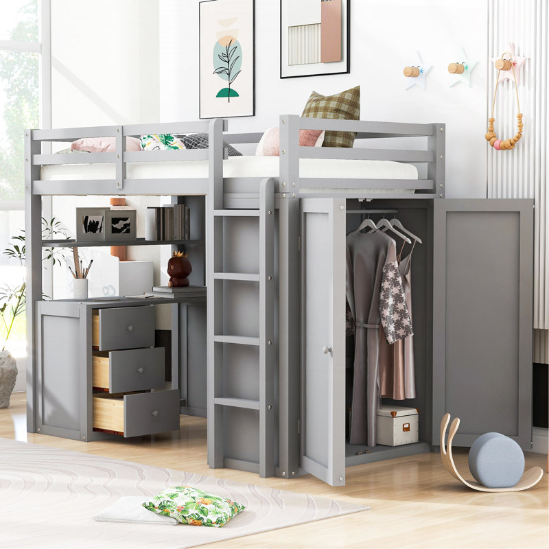 Twin Size Loft Bed With Drawers,Desk,And Wardrobe-Gray, Twin, Gray