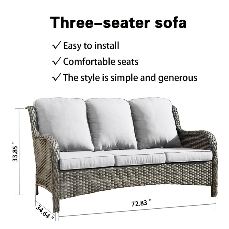 Gretna Premium All-Weather Wicker 3 - Person Patio Conversation Set with Cushions, Grey Frame/Grey Cushion