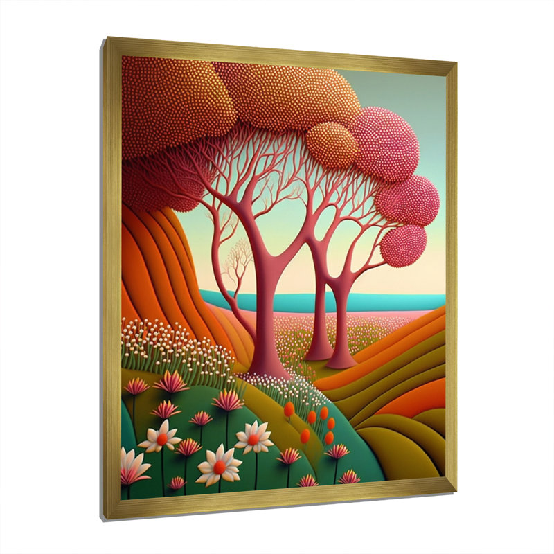 «Serene Magical Pink Trees In Flowerfields», reproduction sur toile, H 40 po x l 30 po x P 1,5 po, Encadrement doré