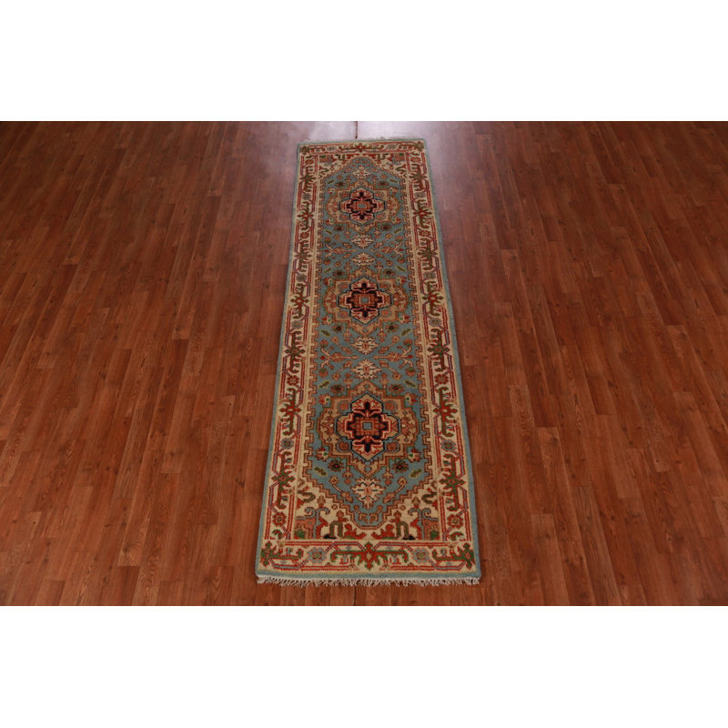 Tapis de couloir indien bleu clair fait à la main 3 x 8 po