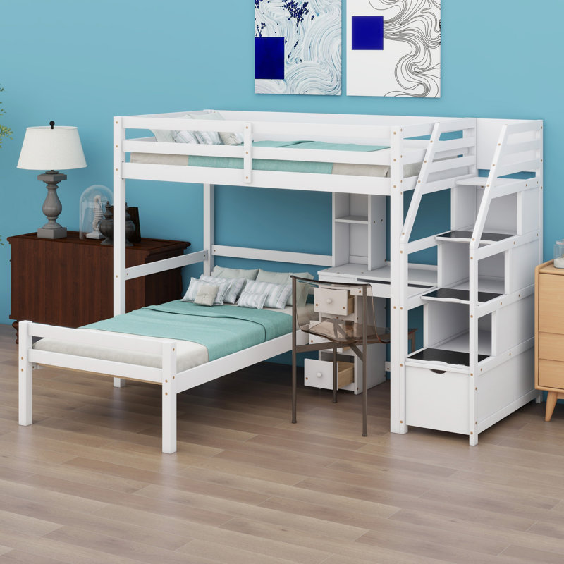 Loft Bed With A Stand-Alone Bed, Storage Staircase, Desk, Shelves And Drawers, White