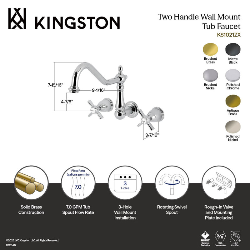 Kingston Brass Millennium Two-Handle 3-Hole Wall Mount Roman Tub Faucet, Matte Black