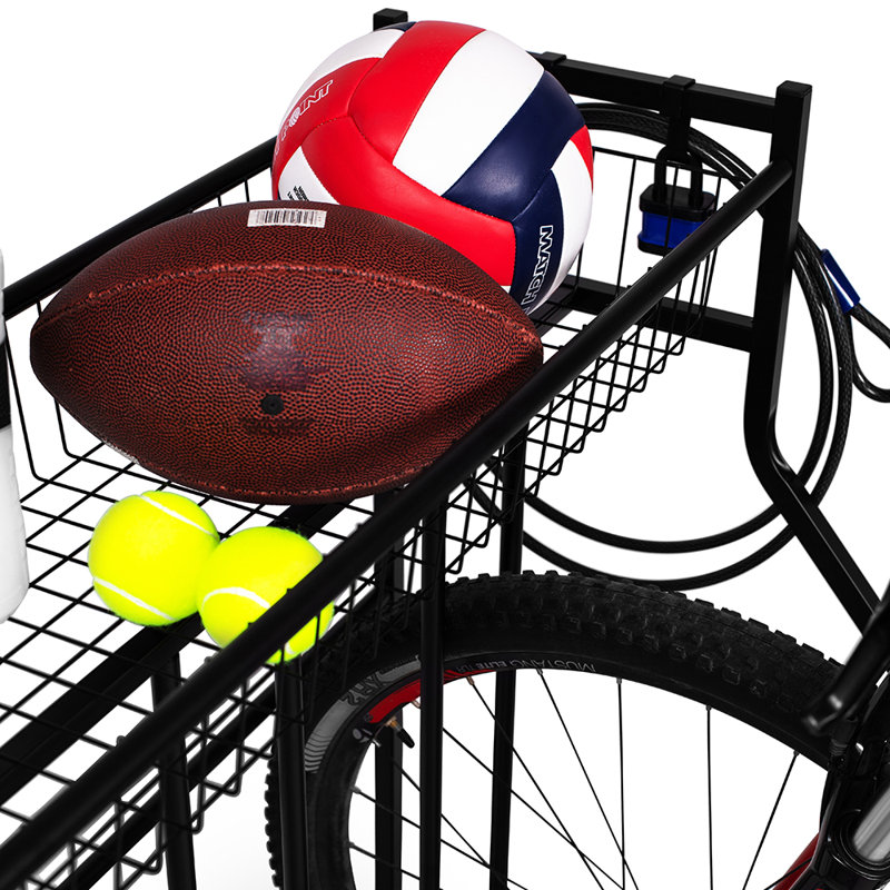 Support à 3 vélos pour le garage avec panier supérieur pour équipement et crochets pour casques - Support à vélo autoportant 