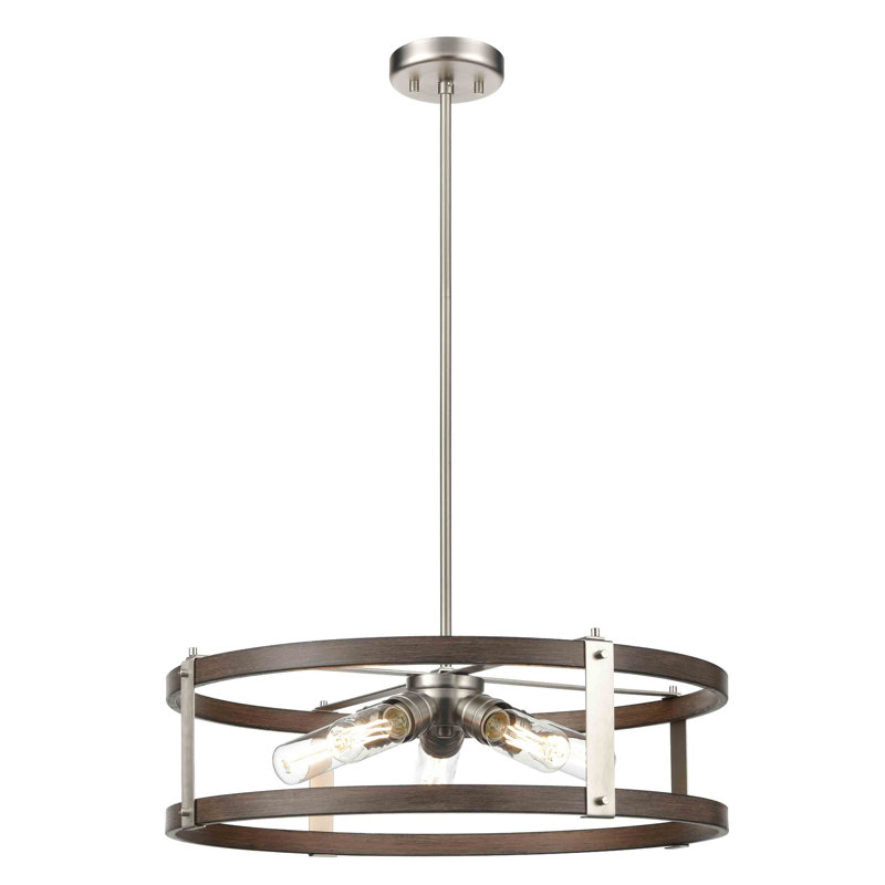 Lustree tambour 5 lumières unique Aplington, Nickel poli / bois de grange