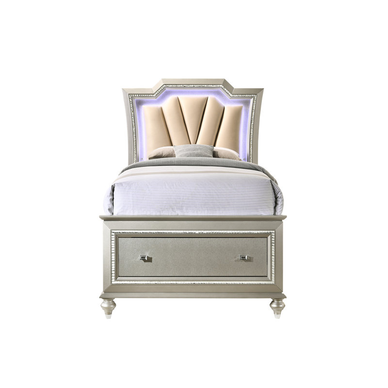 Full Bed - Champagne, Synthetic Leather & Functional Led Convenient Storage With Drawers Champagne Finish,