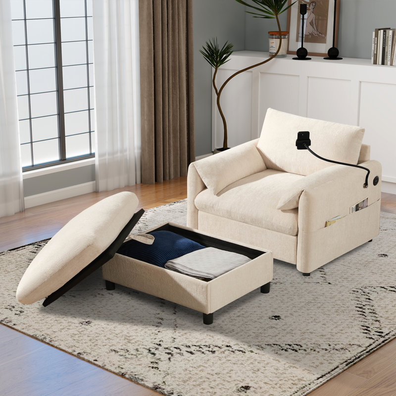 Chaise longue avec repose-pieds avec rangement, canapé en chenille avec port USB, porte-gobelets et poches latérales, Beige