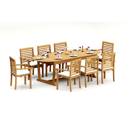 7 Pcs Grade-A Teak Wood Dining Set: 94" Mas Oval Trestle Leg Table And 6 Hari Stacking Arm Chairs #11HR2306