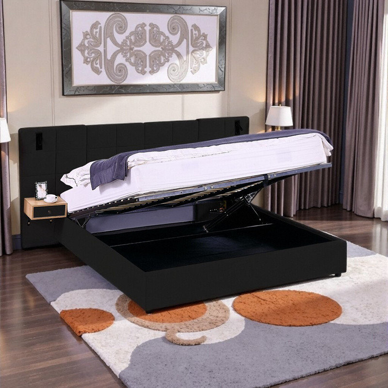 Très grand lit de rangement très grand avec tête de lit à DEL et charge USB, lit plateforme tapissier en velours