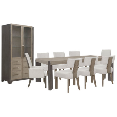Inzillo Leg Dining Table With 6 Klismos Dining Chairs 2 Upholstered Arm Chairs And China Cabinet
