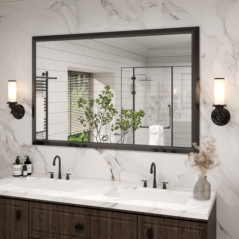 Molly Tempered Glass Metal Beveled Framed Wall Mounted Vanity Rectangular Mirror, 55" x 36", Black