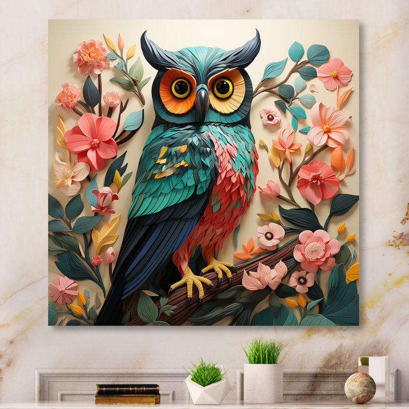 «Pink and Gren Owl In Matisse Style IV», art mural hibou, Toile tendue, H 30 po x l 30 po