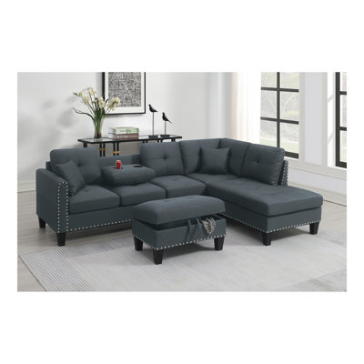 Living Room Furniture 3-PCS Sectional Sofa Set LAF Sofa RAF Chaise And Storage Ottoman Cup Holder Linen-Like Fabric Couch