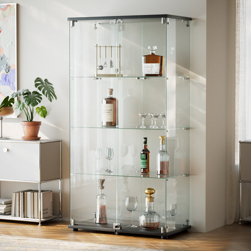 Tempered Glass Display Cabinet, Clear Showcase For Collectibles, Black