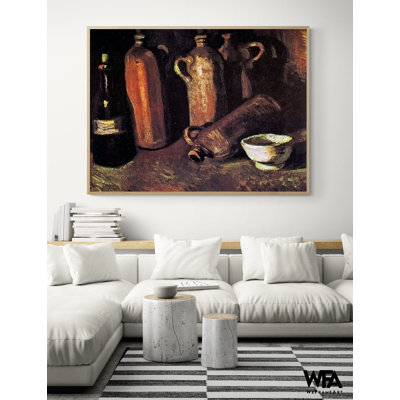 Four Stone Bottles Flask By Vincent Van Gogh, Bottle Oil Painting Print, White Cup Art, Van Gogh Bottle, Bar Wall Art, Restaurant Wall Decor