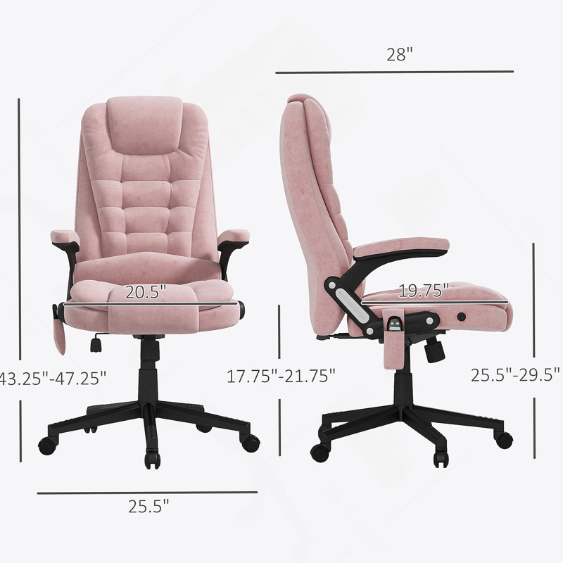Fauteuil de bureau à 6 points de massage vibrant avec chaleur et dossier haut inclinable en velours avec dossier inclinable, accoudoirs rembourrés et télécommande, rose