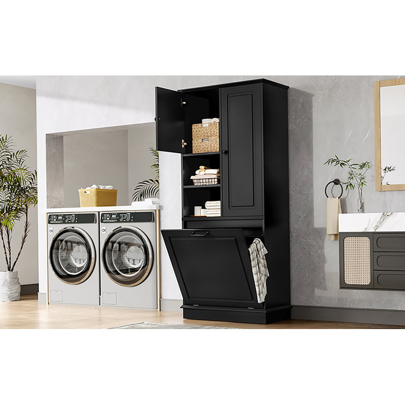 Tall Storage Cabinet With Adjustable Shelves, Large Flip-Out Basket & Enclosed Cabinets –  For Bathroom, Living Room, Or Office, MDF Material With Aluminum Alloy Handles