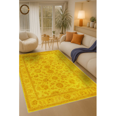 Tapis jaune tissé à motif floral lavable Mosso