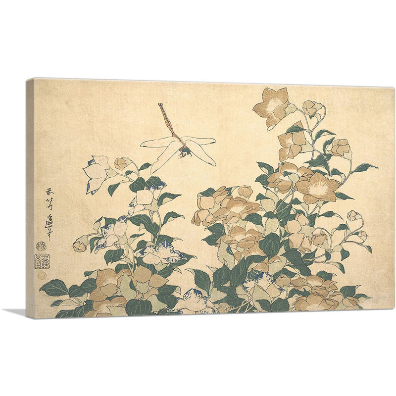 «Dragonfly and Bellflower 1820» par Katsushika Hokusai, reproduction d'art sur toile tendue, H 12 po x l 18 po x P 0,75 po