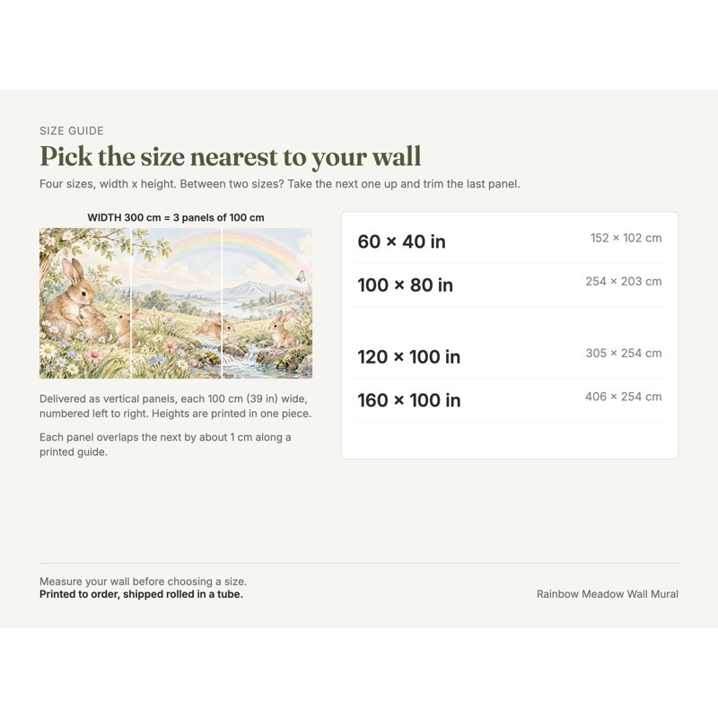 Rainbow Meadow Wallpaper Mural, Peel and Stick Kids Room Wall Mural, Watercolor Bunny Garden Nursery Wallpaper, 152 x 102 cm