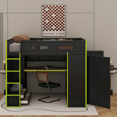 Lit mezzanine double en bois avec bureau, garde-robe et lumière DEL RVB