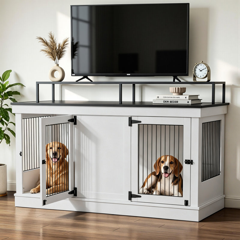 Wooden Dog Crate Furniture Style with Double Doors, Light Gray