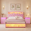 Ensemble de chambre à coucher 3 pièces, lit plateforme double avec lumières à DEL et deux tables de chevet, cadre de lit princesse avec lumières DEL et station de charge, avec tête de lit et garde-corps et bouton en cristal, lit plateforme tapissier en velours