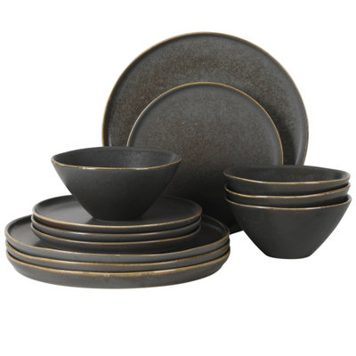 Gibson Elite Coastal Forest Plates and Bowls Sets, 12-Piece Stoneware Dinnerware Sets, Triple Reactive Glaze Dish Set - Black