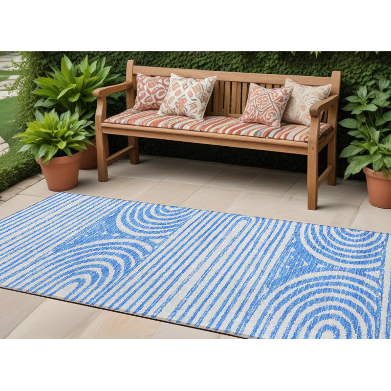 8' Runner Blue and White Abstract Washable Non Skid Indoor Outdoor Runner Rug
