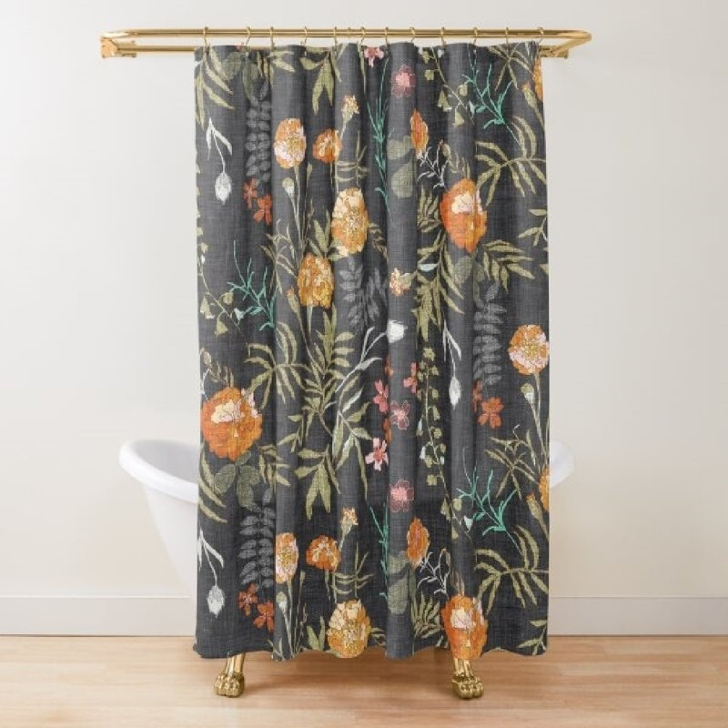 Rideaux de douche floraux orange sur fond sombre, 71 x 71