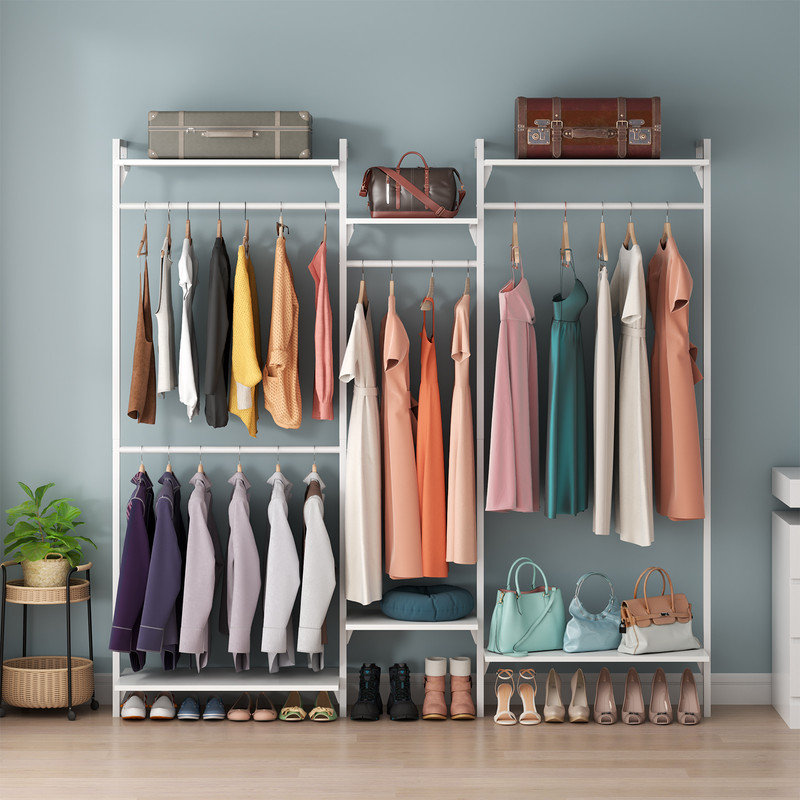 Gold Wall Mount Clothes Rack with Adjustable Shelves and Hanging Rods