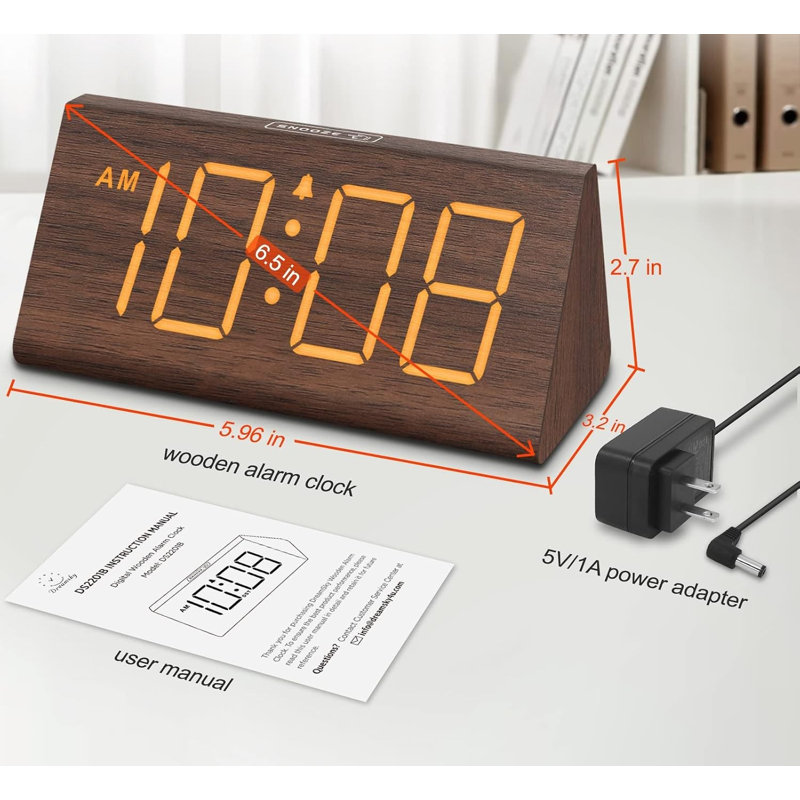 Réveil numérique en bois pour chambre à coucher et bureau, horloge numérique avec grands chiffres, Brown