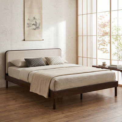 Winslet Modern Organic Japandi Bamboo Platform Bed Frame with Upholstered Headboard, Noise-Free Wood Slat Support