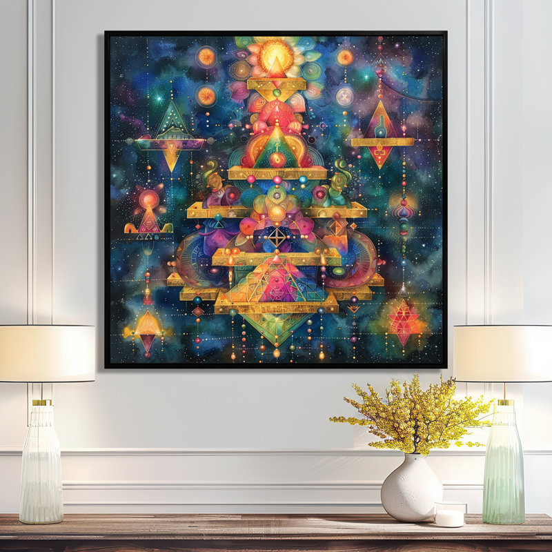 Cosmic Geometric Composition, Mysteries anciens - Collages abstraits, impression d'art mural, Toile avec cadre flottant noir