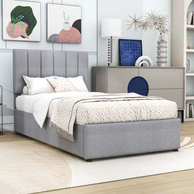 Twin Upholstered Platform Bed with Hydraulic Storage System and Lift Up Storage
