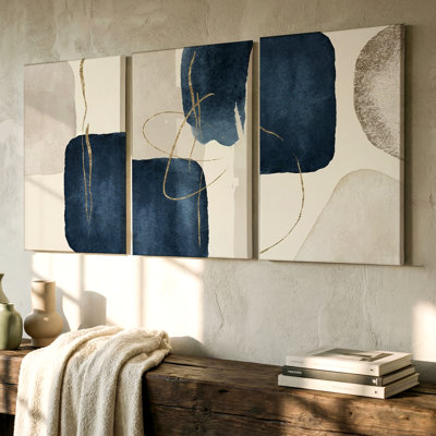 Art mural géométrique abstrait bleu et beige 3 pièces pour un décor moderne, trois pièces d'art mural pour le salon, la chambre à coucher, le bureau et la maison