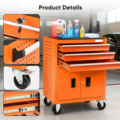 ​3-Drawer Rolling Tool Chest 440 Lb Capacity, Lockable Steel Cabinet 55 Lb Drawers & 4 Universal Wheels